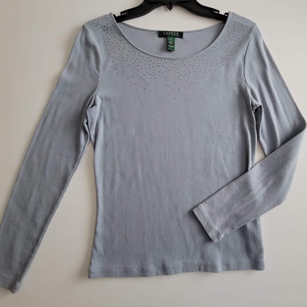 RALPH LAUREN  Worn Once, Dusty Blue, Long Sleeve Tee with Embellished Yoke, Sz S